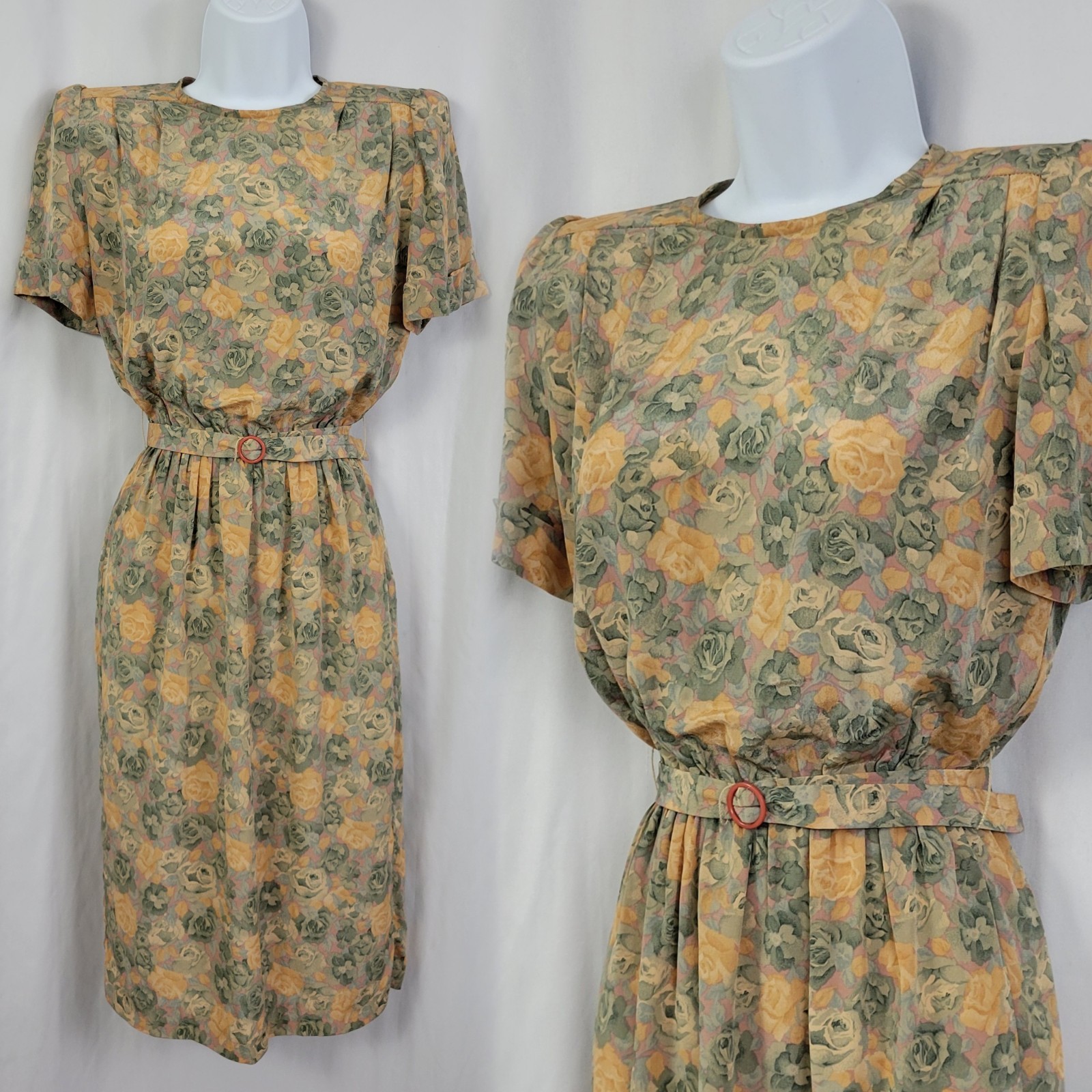 Vintage Taurus II Muted Green & Gold Floral Blouson Dress w Belt Size 4