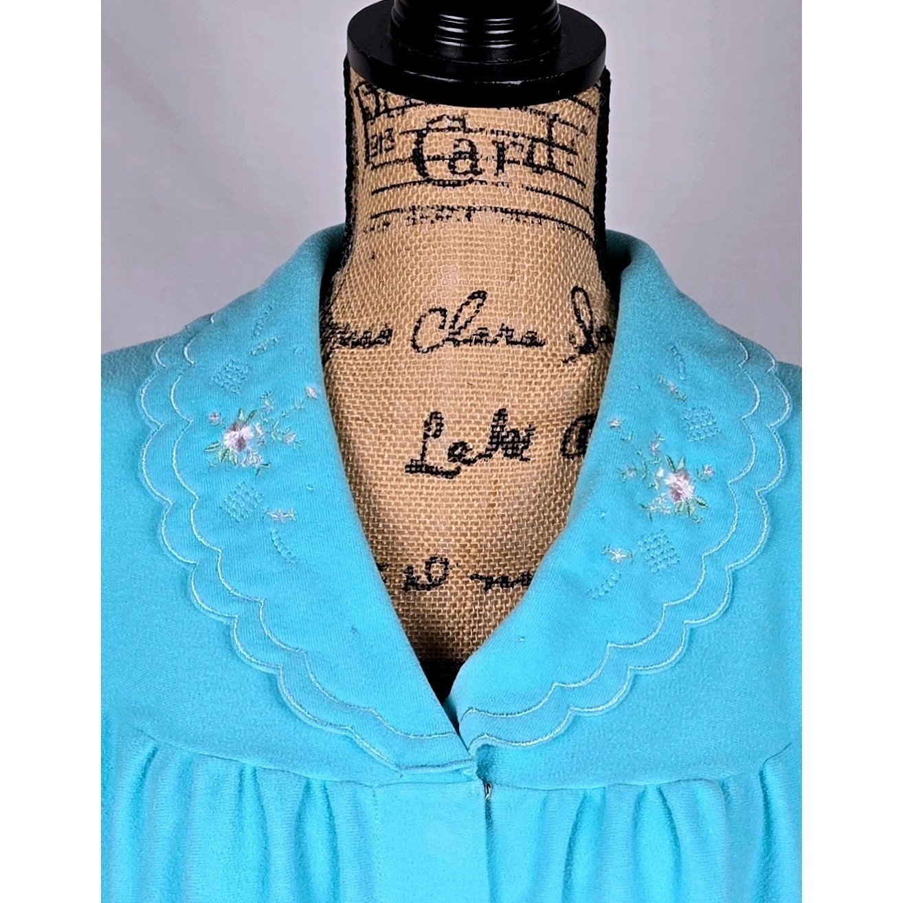 Vintage Shadowline Robe Turquoise Blue Fleece Floral Embroidered Snap Front L