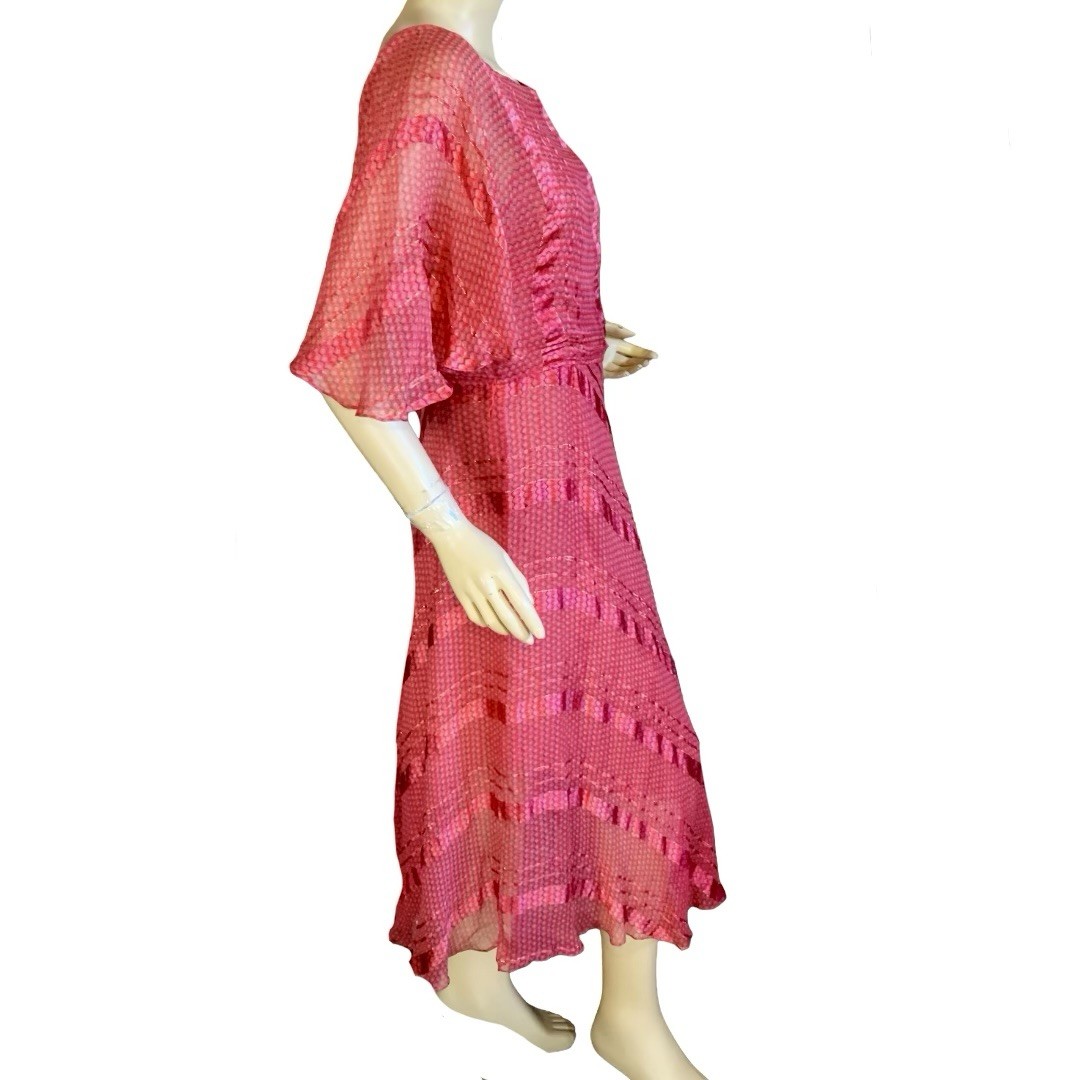 WOMEN’S VINTAGE 1970’S RED, PURPLE & GOLD SILK FARM SILK DRESS SZ S