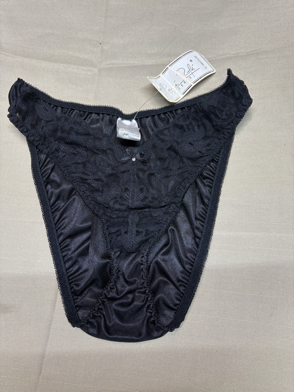 New Vintage Y2K Rene Rofe Black Satin & Lace High Cut Panties Women’s Size 6 M
