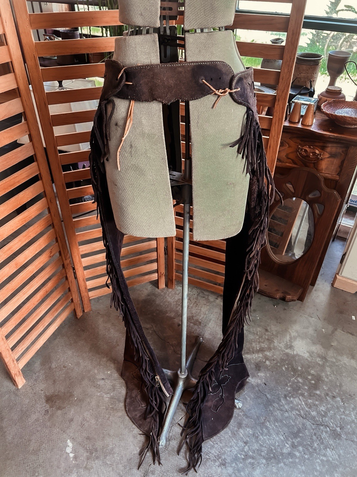 Vintage Handmade Plum Suede Chaps With Floral Detail and Brass Zippers
