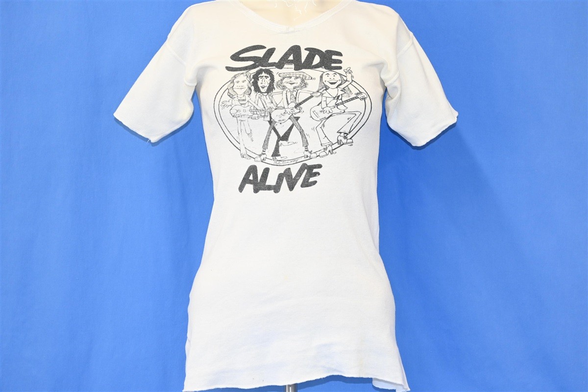 vtg 70s SLADE ALIVE ALBUM BRITISH BAND CARICATURE RIB KNIT t-shirt WOMEN’S XS