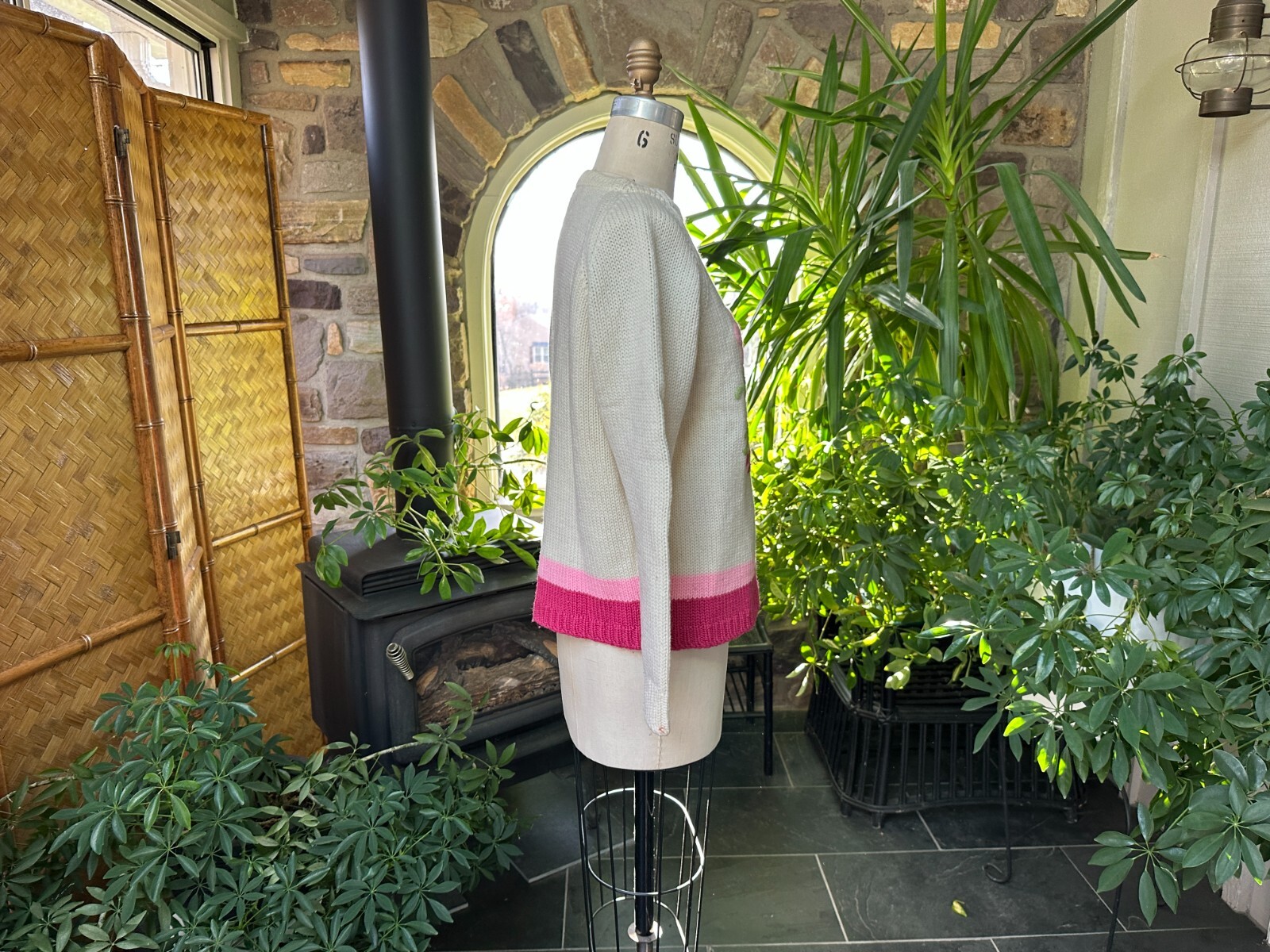 Vintage 1970s Ivory and Pink Embroidered Wool Crewneck Sweater