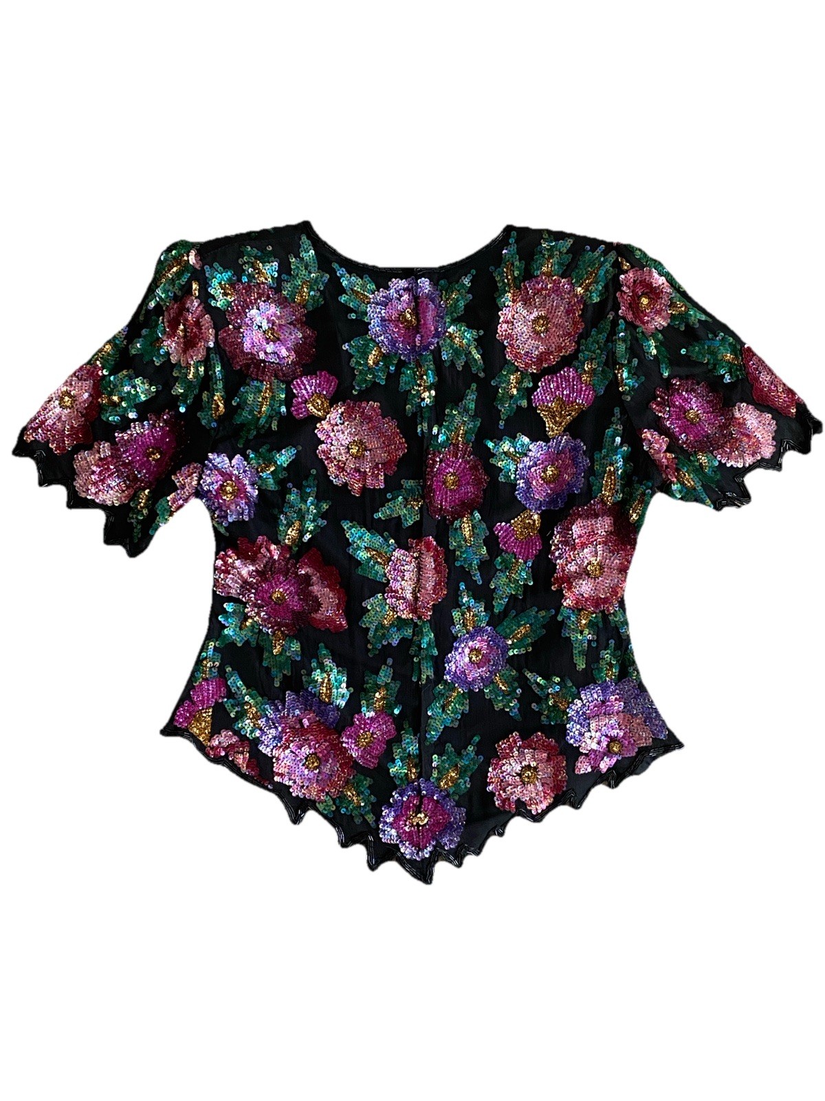 Vintage Laurence Kazar Sequin Silk Blouse Large Black Pink Purple Green Floral