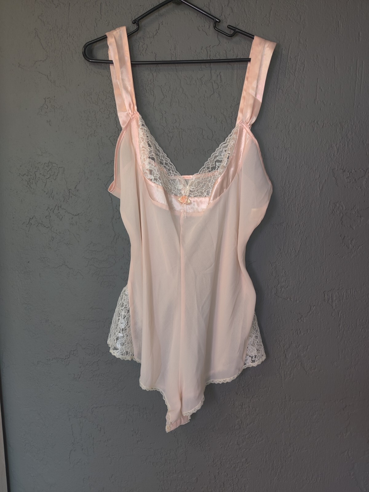 Vintage Peachy Pink Lace Chiffon Teddy Bodysuit Romper Size 2X Snap Bottom EVC
