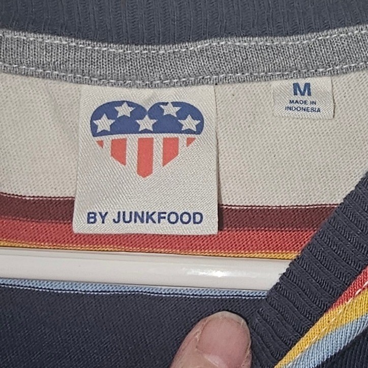 Junk Food Atari Striped T-Shirt Dress Navy White Rainbow Retro Logo Womens Med
