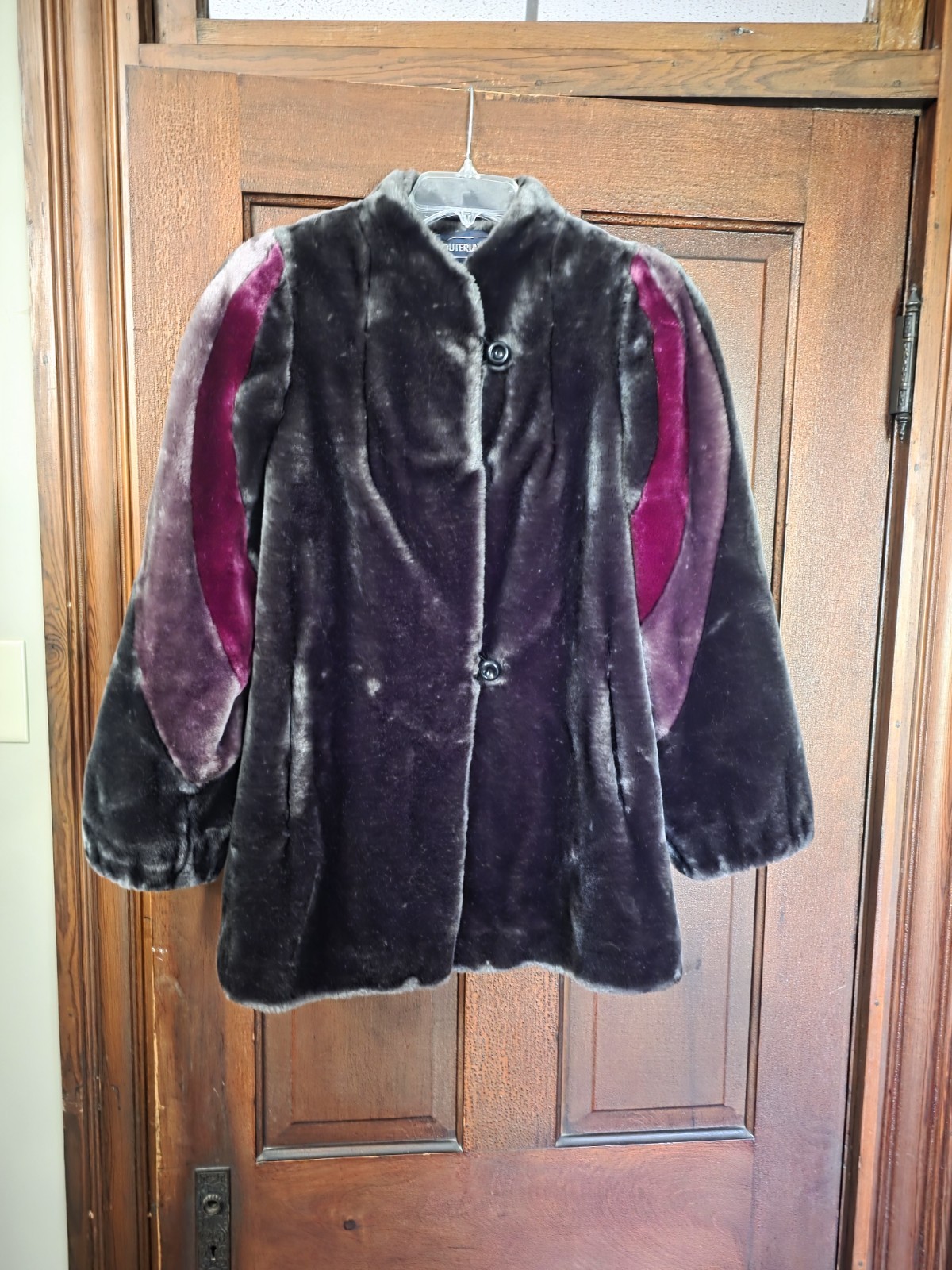 Vintage 80s Outerlayers Coat Faux Fur S 7/8 Dark Gray Mauve Burgundy Mob Wife