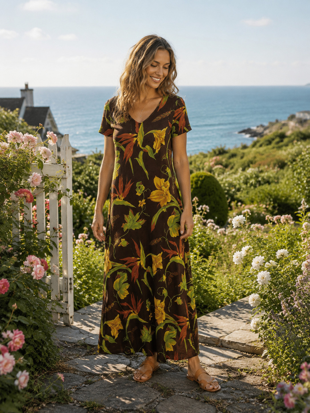 Vtg 90s K.C. Spencer Brown Floral Tropical Long Midi Dress Grunge usa