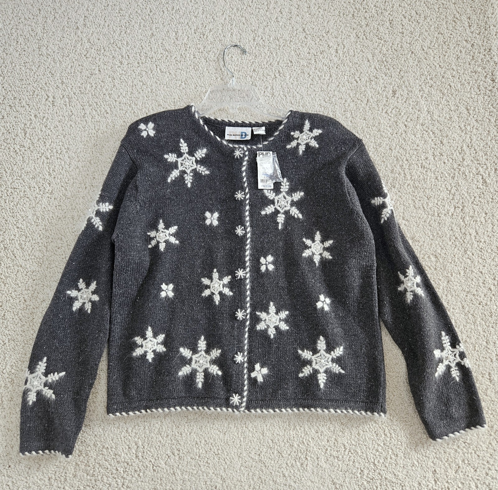 Vintage Paul Harris Christmas Cardigan Sweater Gray Snowflakes Winter Women L