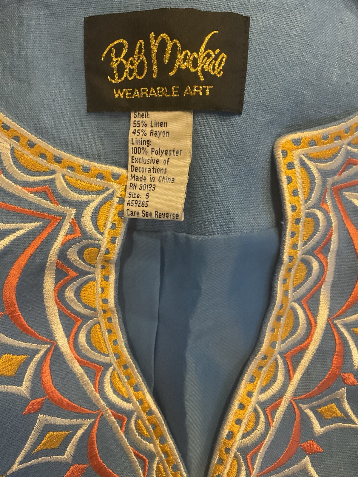 Vintage Bob Mackie Wearable Art Linen Rayon Denim Embroidered Tribal Top S