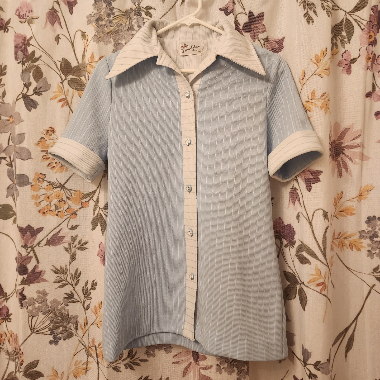 Rare 70s Donovan Galvani Short Sleeve Shirt, Light Blue With White Stripes,Small