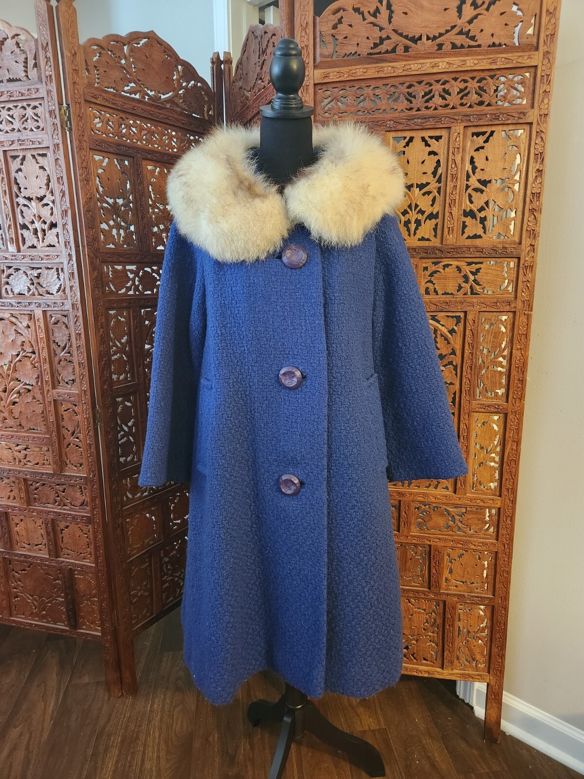 Vintage 1960s A-Line Wool and Fox Fur Coat, Size L