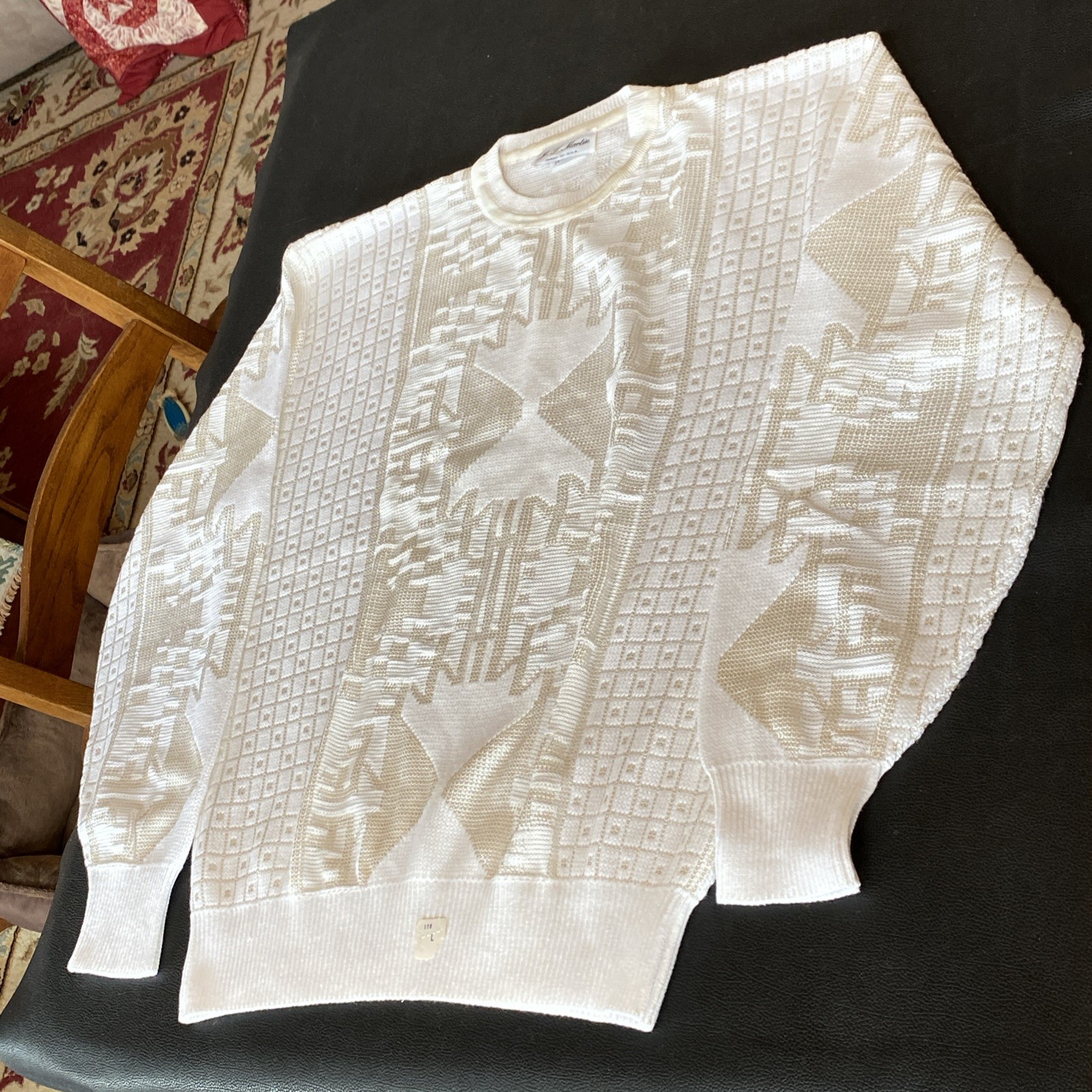 VTG 1970s JT MARTIN Mens WHITE 2 Tone Abstract Geometric Knit Sweater 65% Cotton