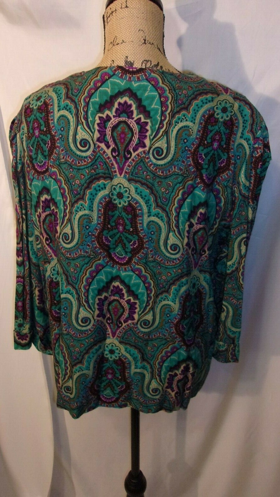Vintage Damon Abstract Print Rayon Top Size 24W Teal, Purple, Tan 3/4 Sleeve USA