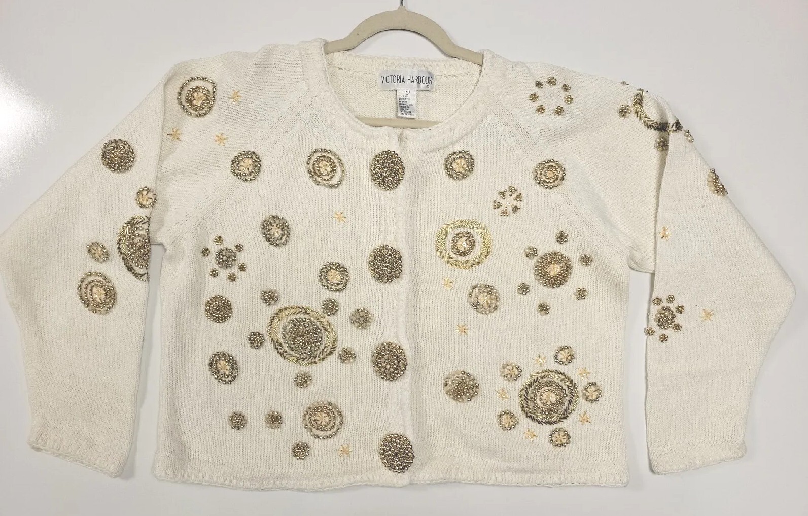 1990s Vintage Victoria Harbour Size M Beaded Off White Knit Sweater Winter Theme
