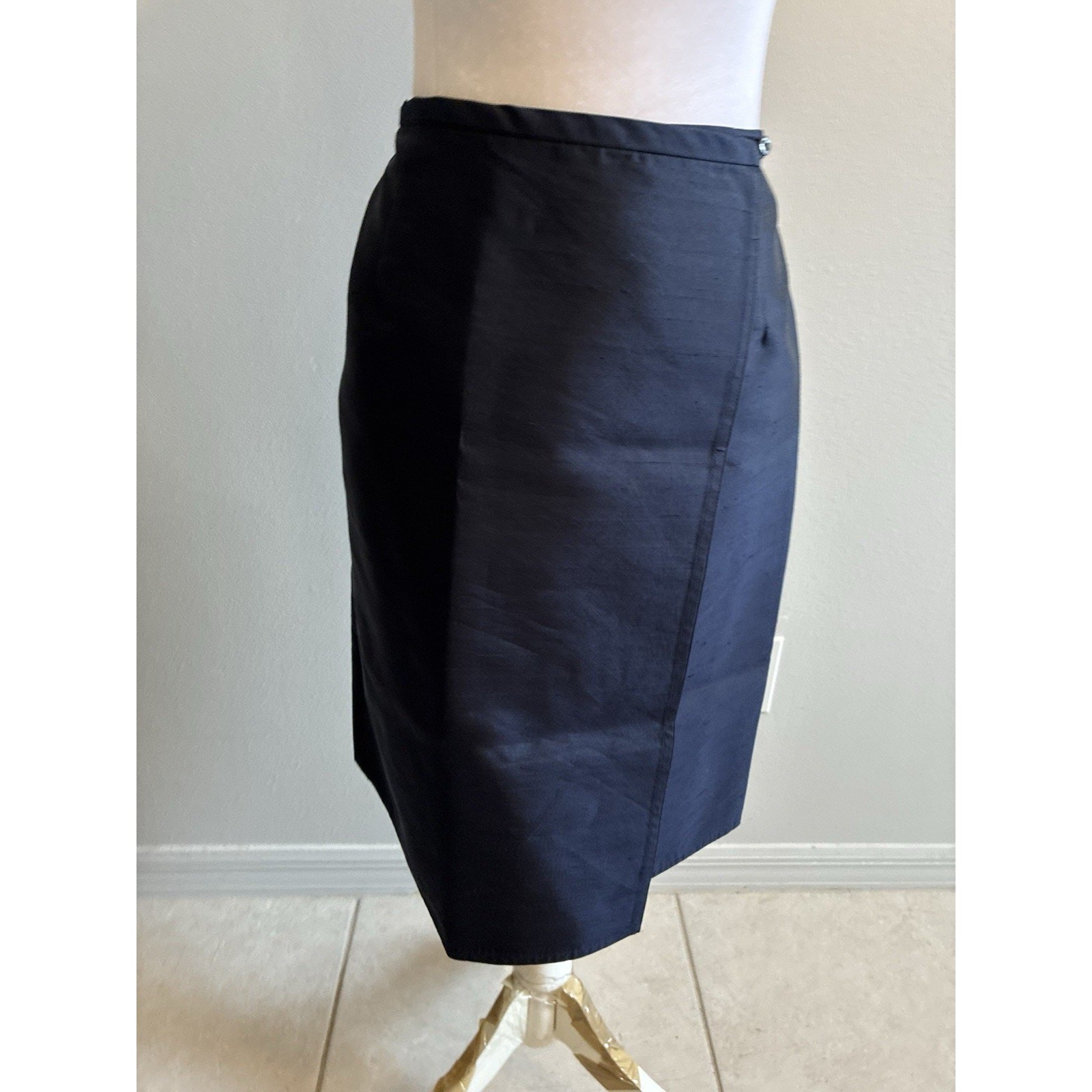 Vtg 90s Ralph Lauren Navy 100% Silk Dupioni Wrap Skirt USA UNITE Slubbed Silk 6