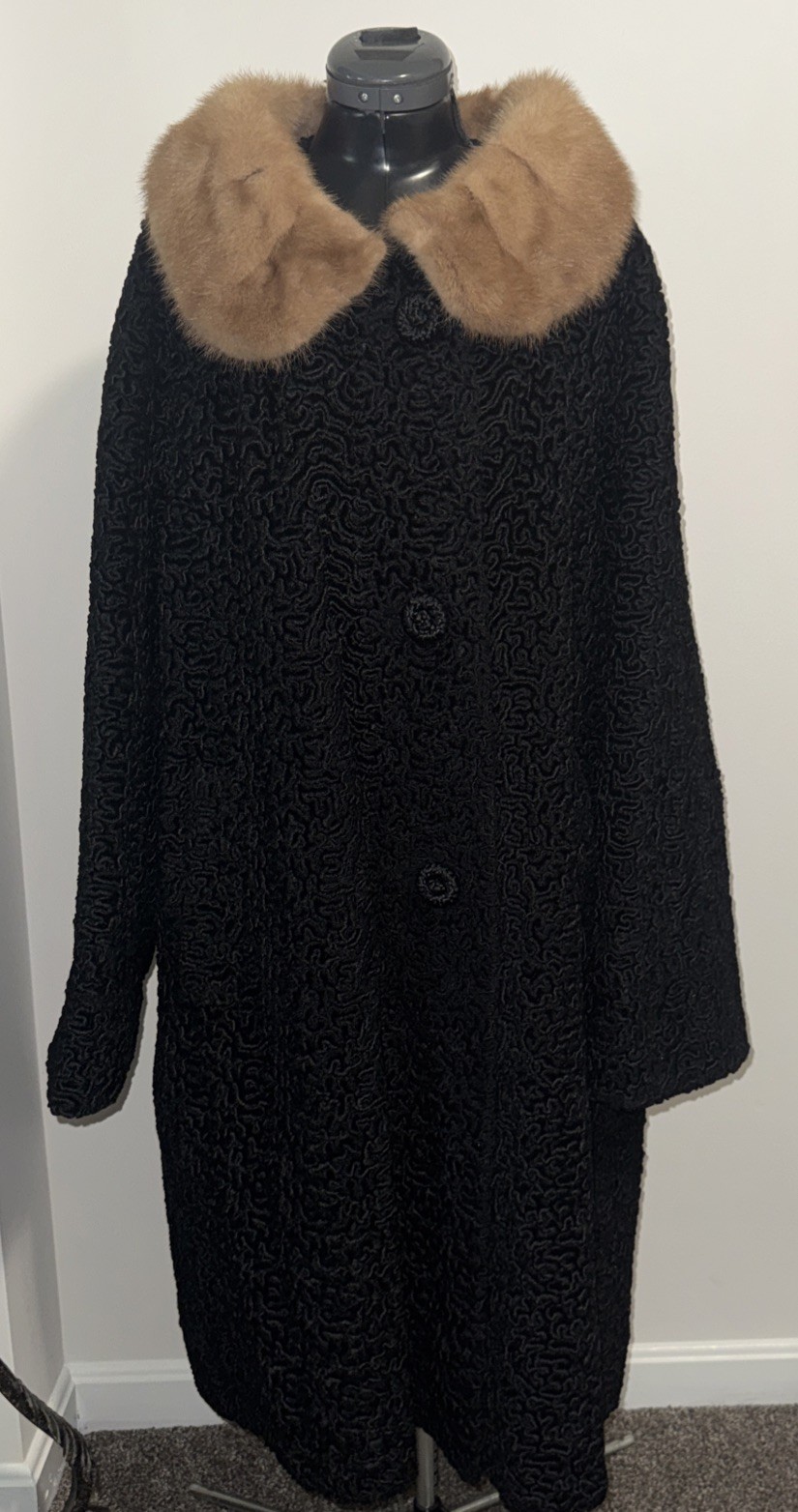 Vtg 50’s Astrakin Black Curly Persian Lamb Wool Swing Coat Mink Collar France L