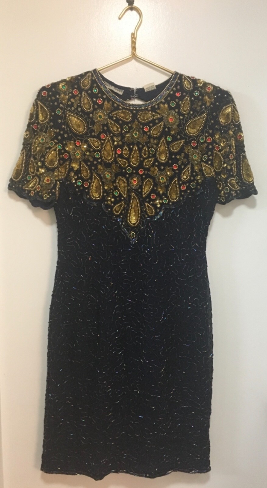 Vintage Night Vogue Navy Silk Sequin Beaded Evening Wedding Holiday Dress