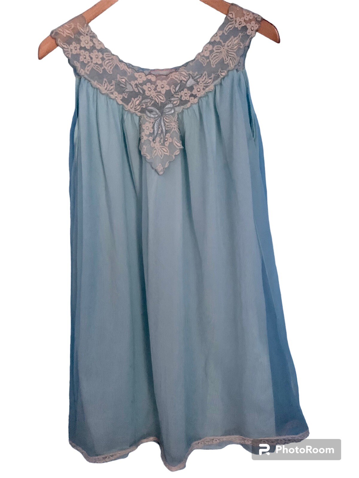 Avian Vintage Blue Lace Trimmed Negligee Nightgown Babydoll Size L