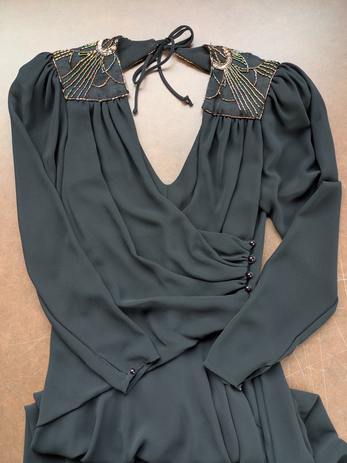 Vintage 80s Casadei Dress Black Hi Lo Hem Ruched Beaded Shoulders Sz 6