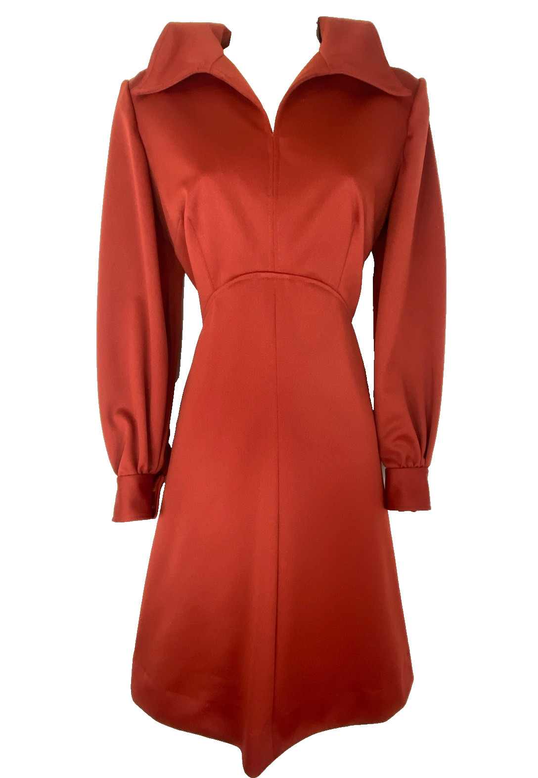 Vintage 1970s rust brown dress M L long sleeves collar red burnt orange A line