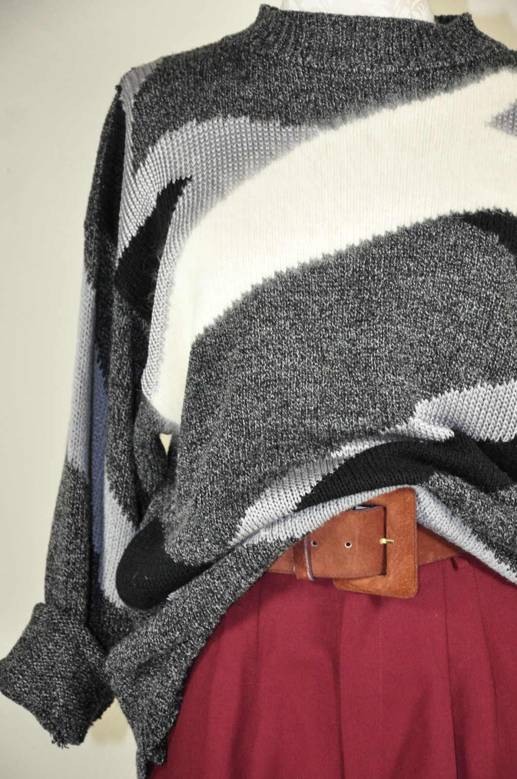 90s Vintage Gray Angora Rayon Colorblock Crewneck Boyfriend Sweater Women M L