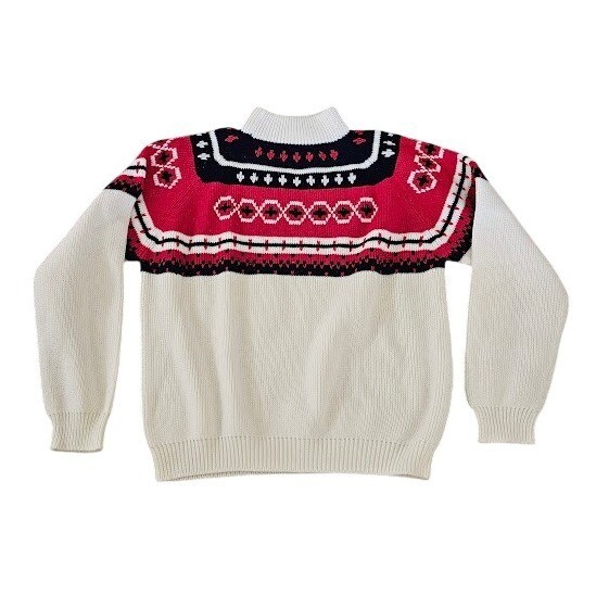 Vintage Marcraft Knits Sweater Medium Red White Navy Fair Isle Mock Turtleneck