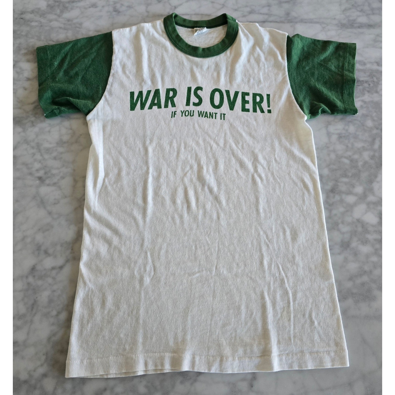 Vintage 70s Hanes John Lennon Yoko Ono War Is Over Ringer T-Shirt Green White S