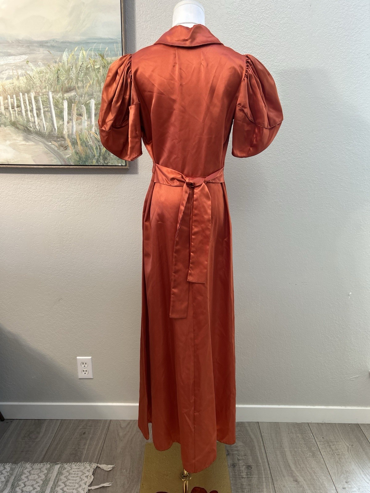 Vintage 1930’s Burnt Orange Satin Puff Sleeves Maxi Dress Dramatic XS/S