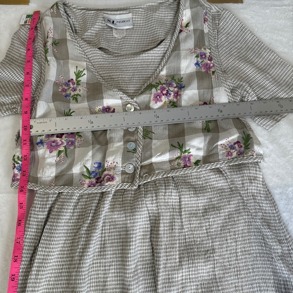 Vintage Grunge 90s Gingham Floral Faux Vest Maxi Dress Gray Purple Size 8