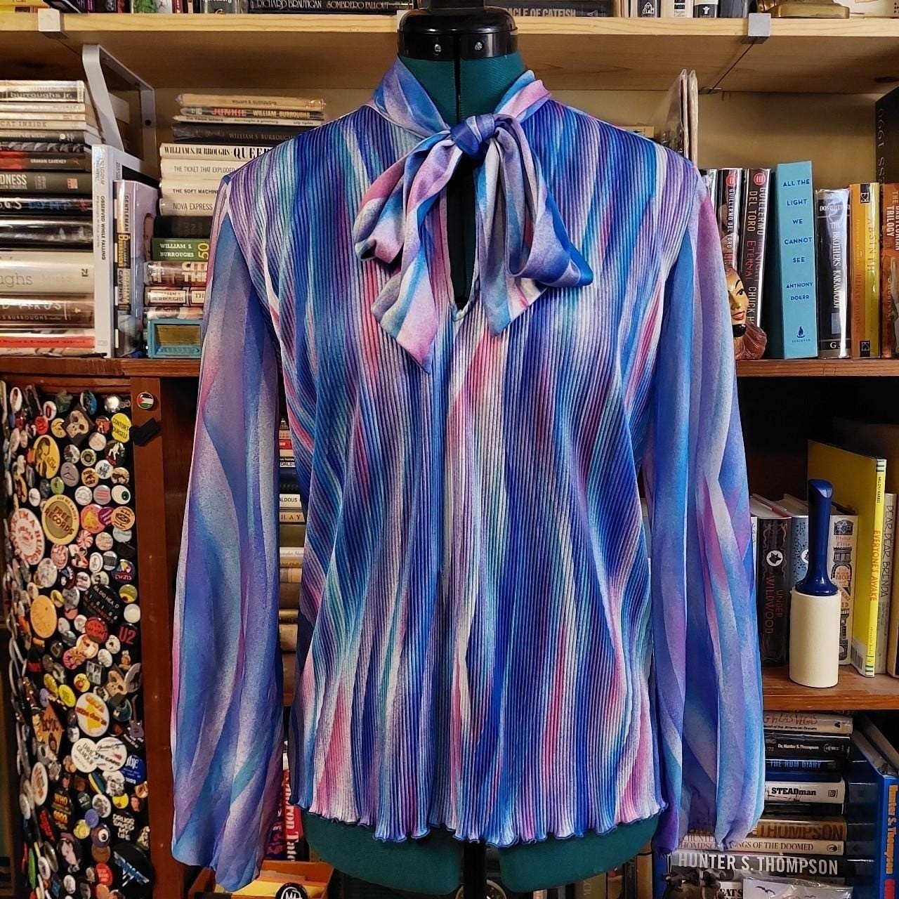 Vintage blue, pink, and purple tie collar long sleeve top.