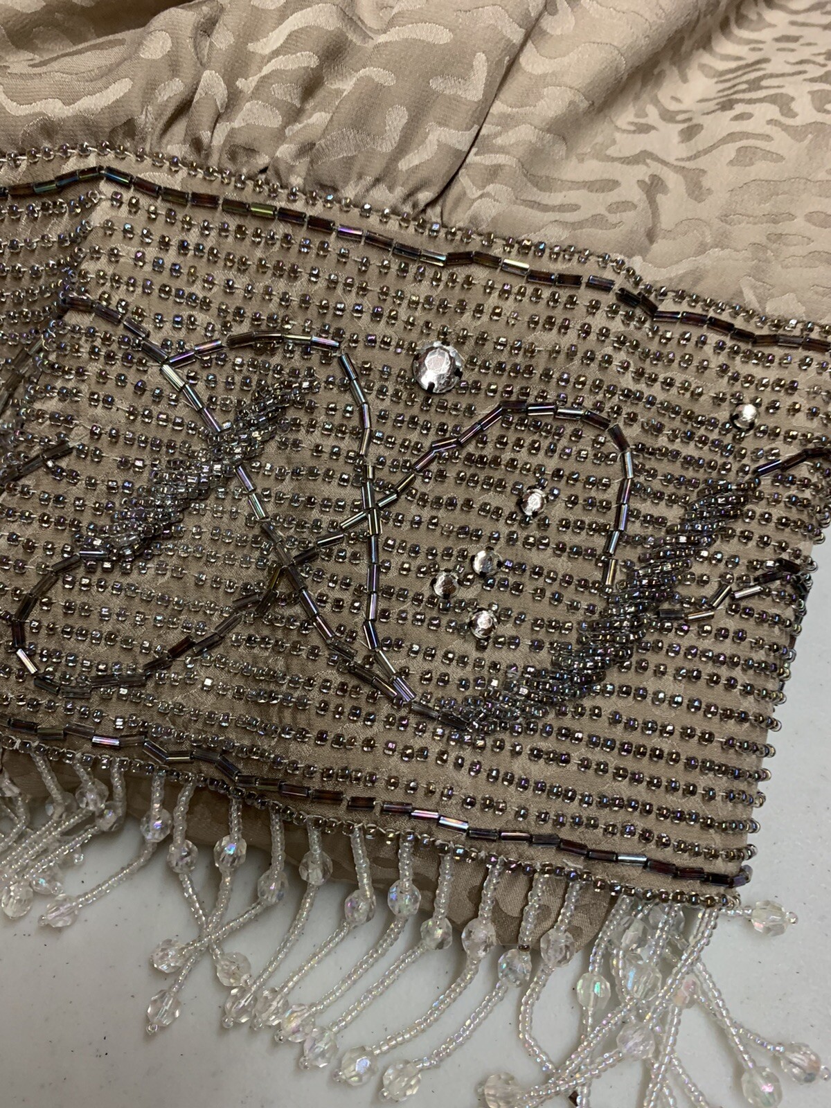Vintage Heavy Beaded Dynasty Taupe Silk Dress Designer D’ore Animal Print Sz 14