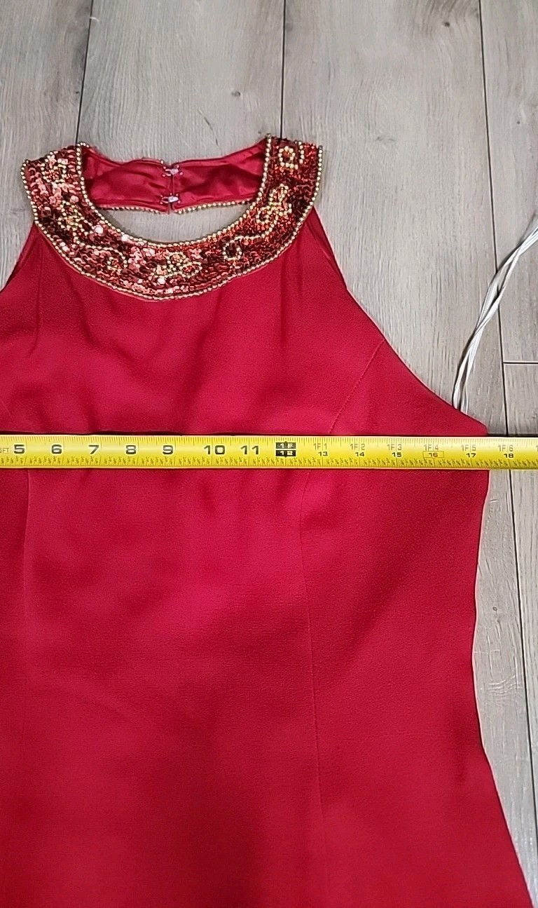 VTG 1980s Red Beaded Halter Evening Gown De Lara by Linda Bernell Maxi Dress