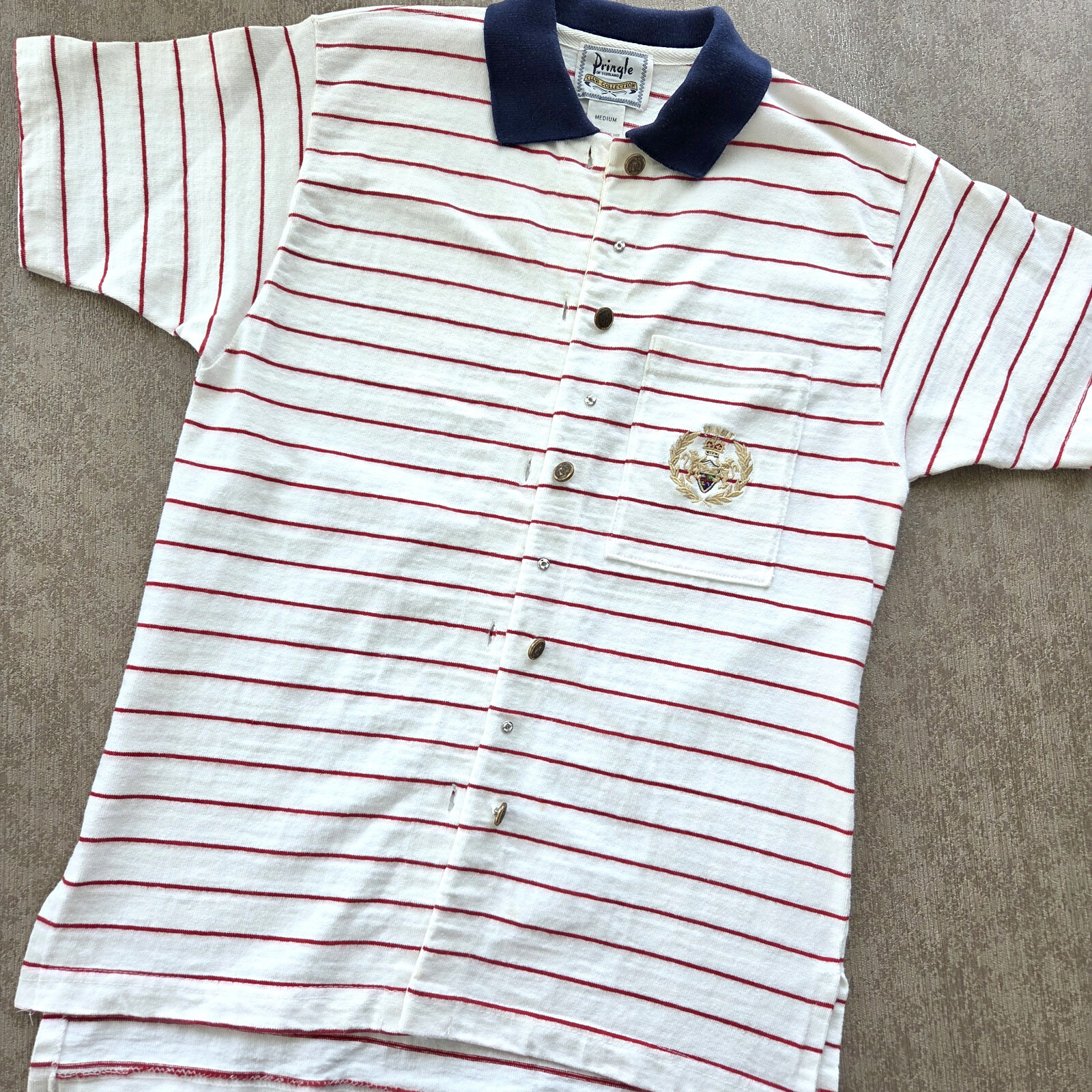 Vtg Pringle Of Scotland SET S M Top Skirt Heavy Cotton White Red Stripe Crest
