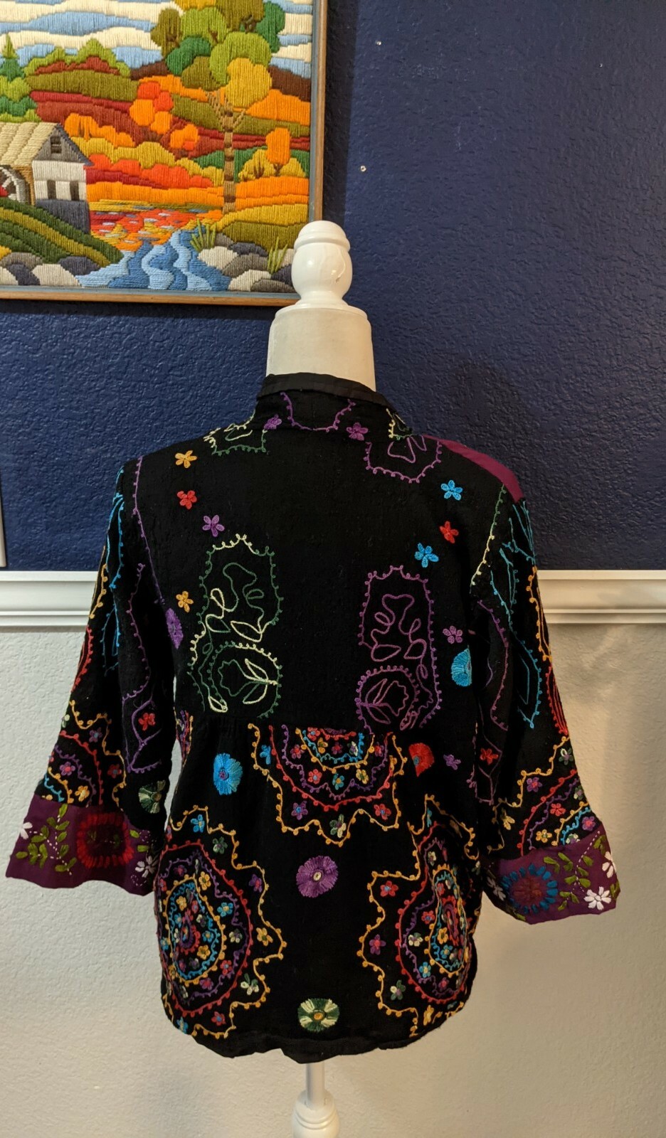 VTG Anu Wearable Art Embroidered Patchwork Tapestry Open Front Jacket Sz Large L