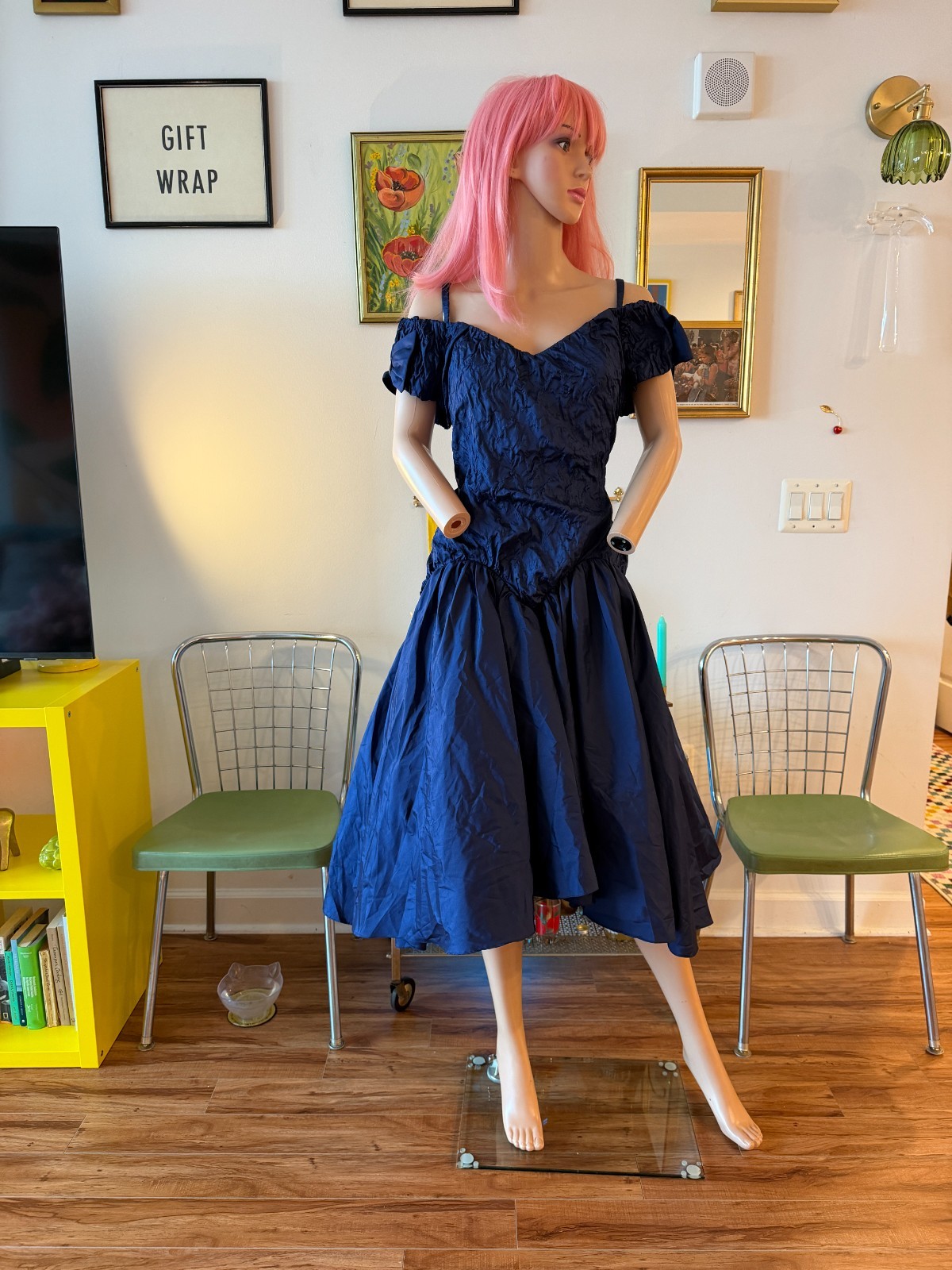 Vtg 80s Sapphire Blue Off Shoulder Prom Dress Crinoline Rhinestone Bow M L