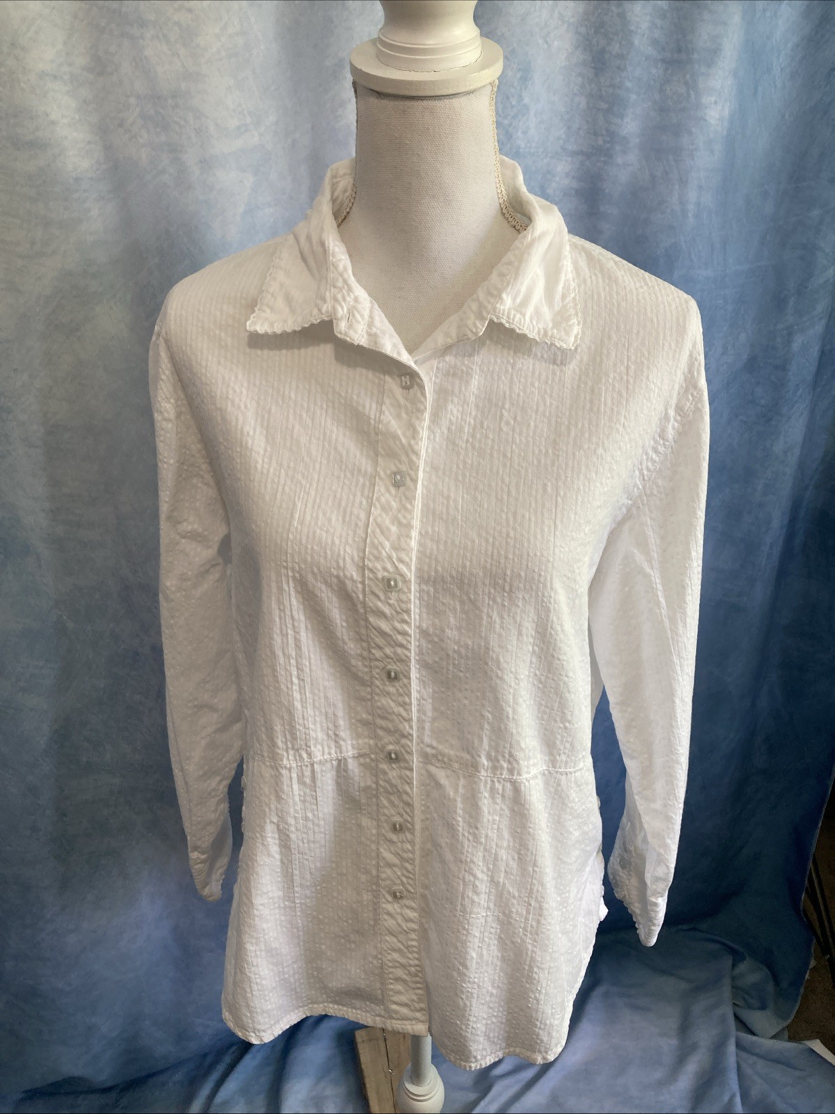VTG 90s Whitewash Cotton Seersucker White Button Down Shirt Coastal Prairie M
