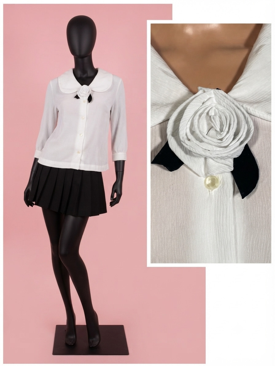 Vintage 60s White Polyester Crepe Blouse With Flower At Collar USA Size S/M