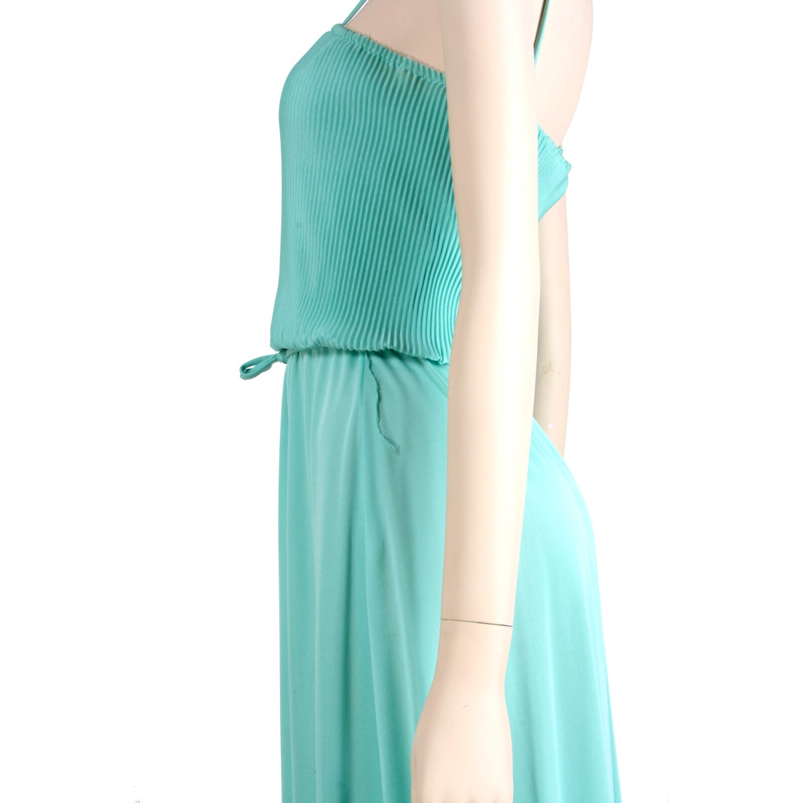 M Vintage 1970s Mint Green Aqua Silky Casual Sleeveless Maxi Dress 70s