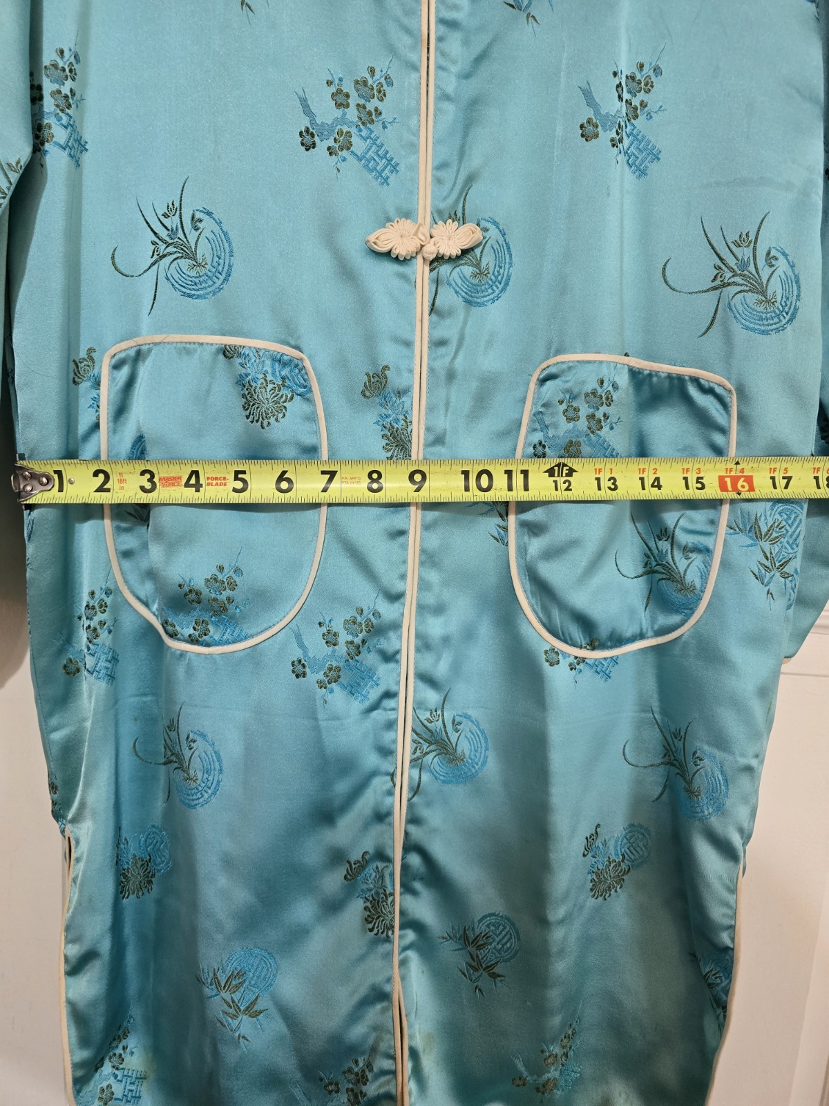 Vintage 50s Chinese Brocade Hostess Gown- Women’s- Turquoise Satin-Size 42/L