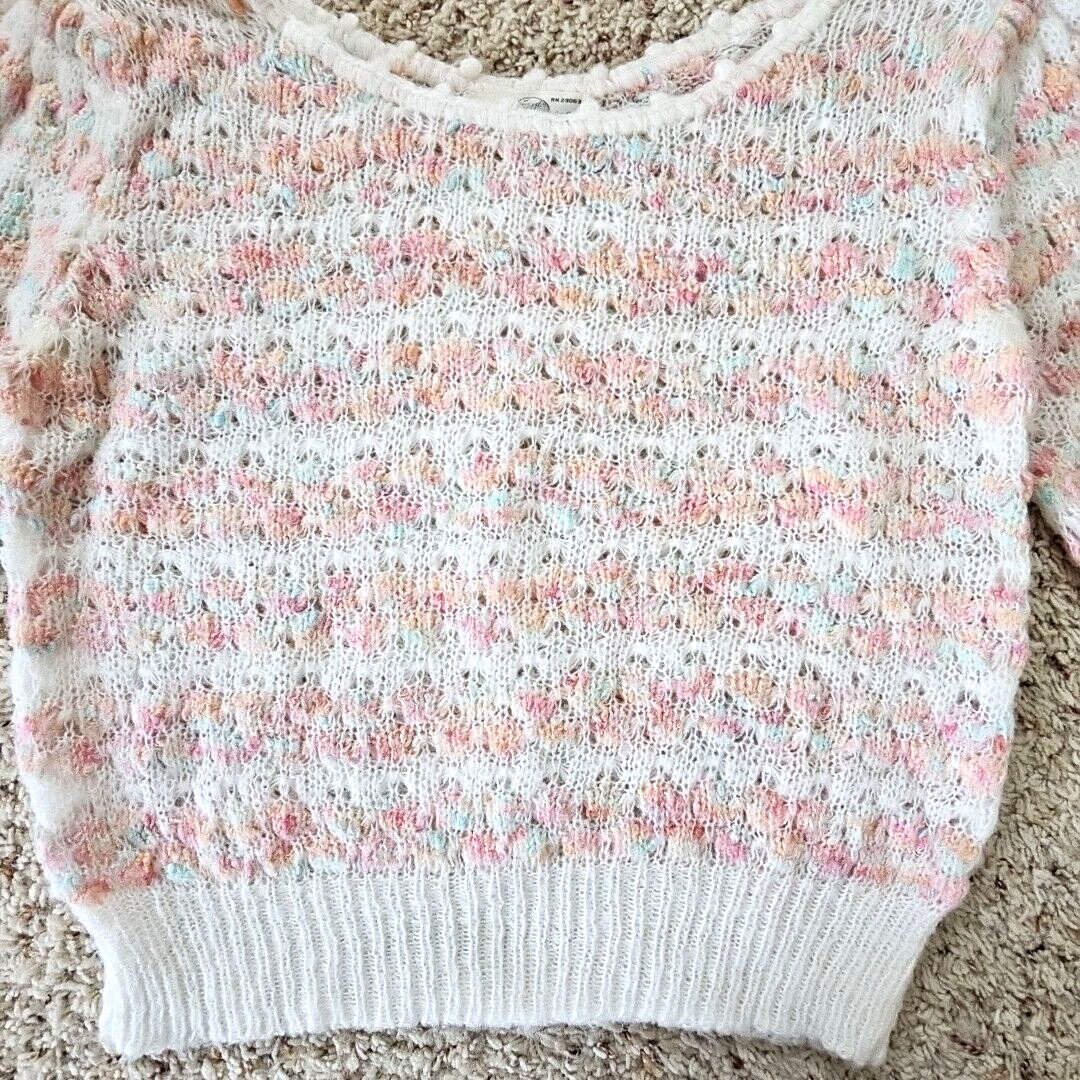 Vintage Womens Open Knit Sweater Large Feminine Coquette Pastels Puff Sleeves