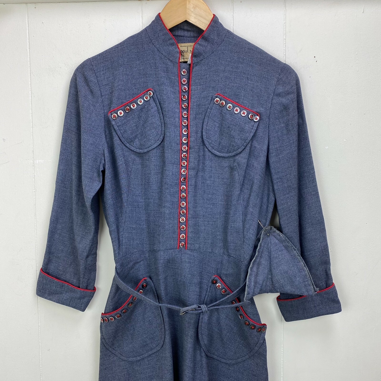 Vintage 40s 50s Paul Sachs Bluish Gray Dress w/ Red Trim Belted Pockets Size 6