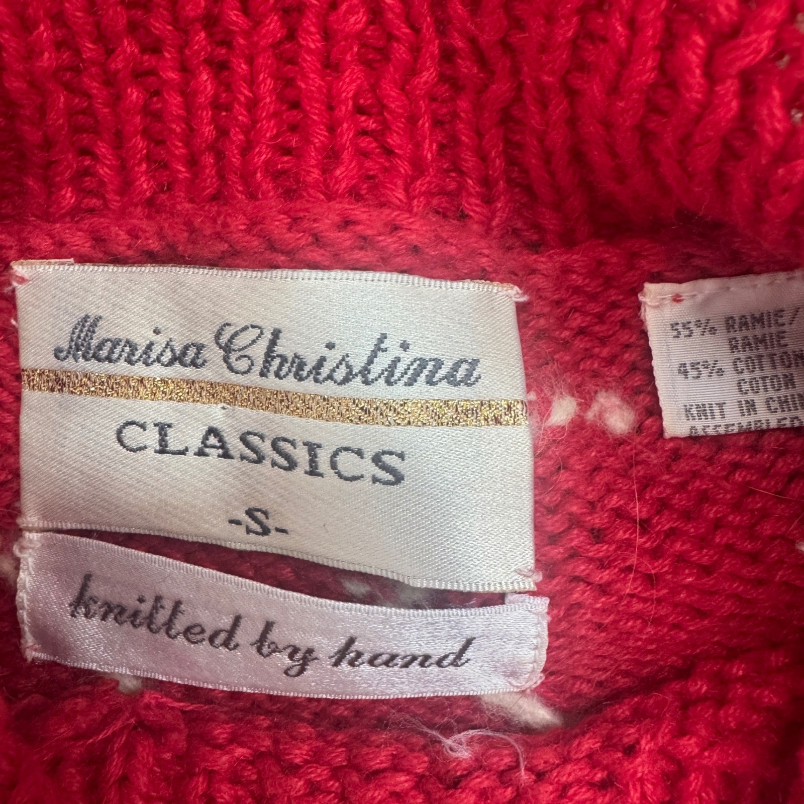 Marisa Christina Vintage Hand Knit Christmas Granny Sweater Red Teddy Bear Bell