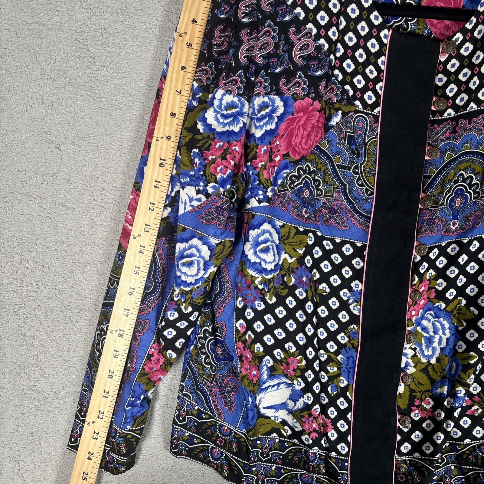 Vntg Lady Carol Of New York Blouse Button Up Paisley Floral Black Shoulder Pads