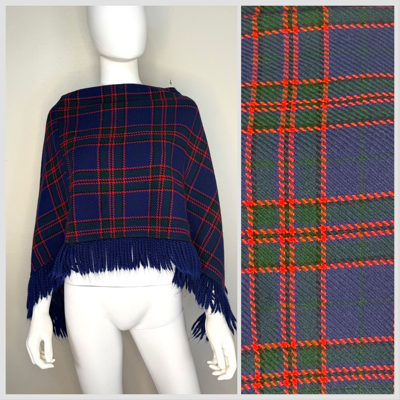 Vintage 1960s 70s Navy Blue Plaid Poncho with Fringe 60s Glentex 1970s Mod Boho