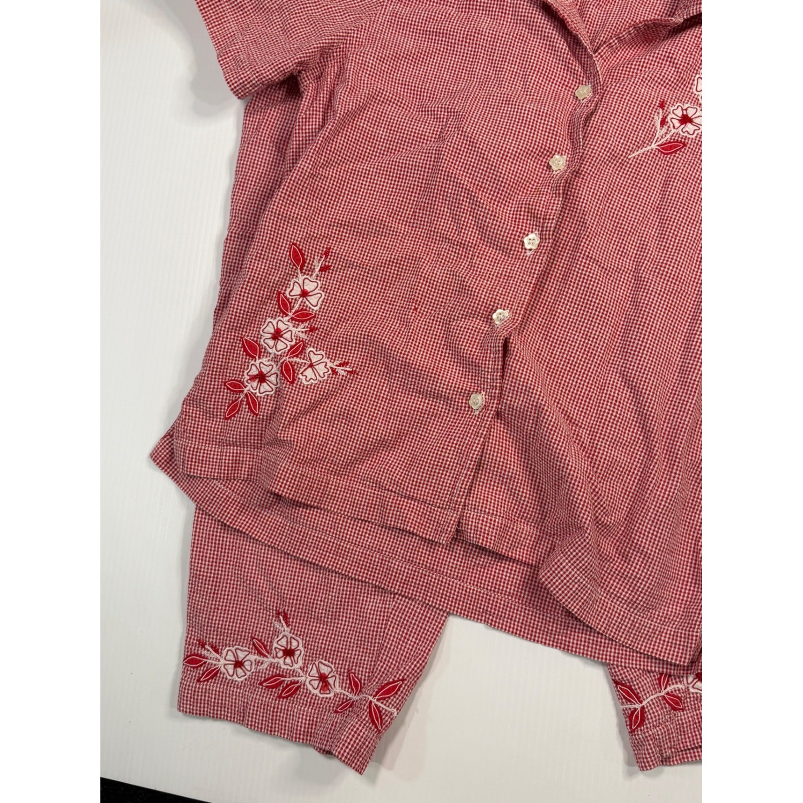 VTG Erika & Co Outfit Set Red Gingham Floral Embroidered Short Sleeve Medium