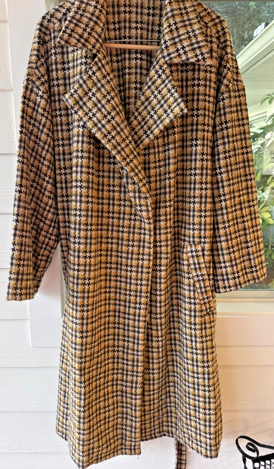 Spring Coat Check Brown & Beige Belted Pockets 100% Poly 3X