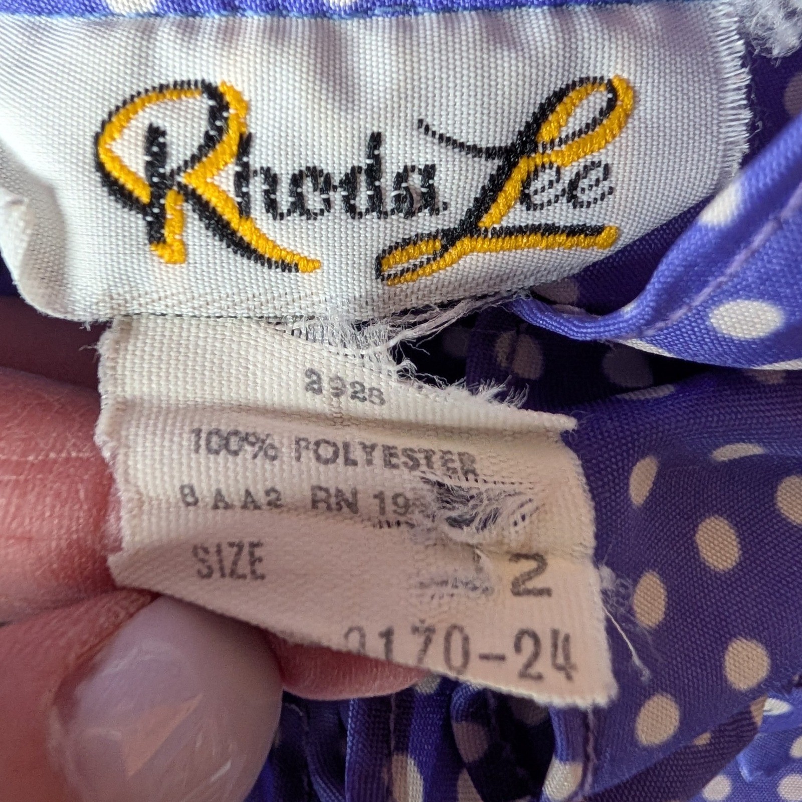 Rhoda Lee Polka Dot Blouse Womens 12 Blue Vintage Ruffle Neck Tie Coquette 70s