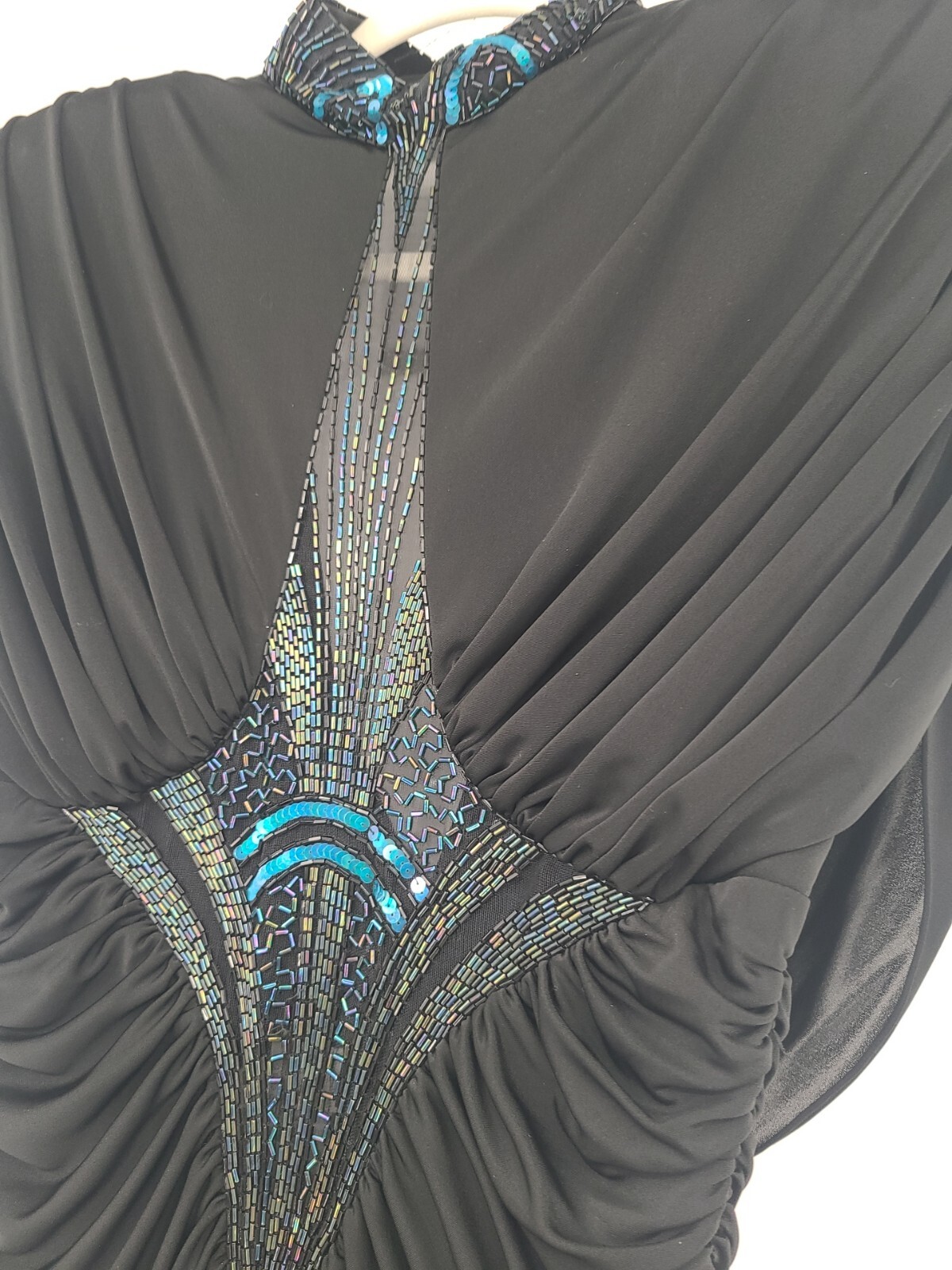 Vintage Eletra Casadei Black Curtain Draped Evening Gown Beaded, Sheer Bodice 10