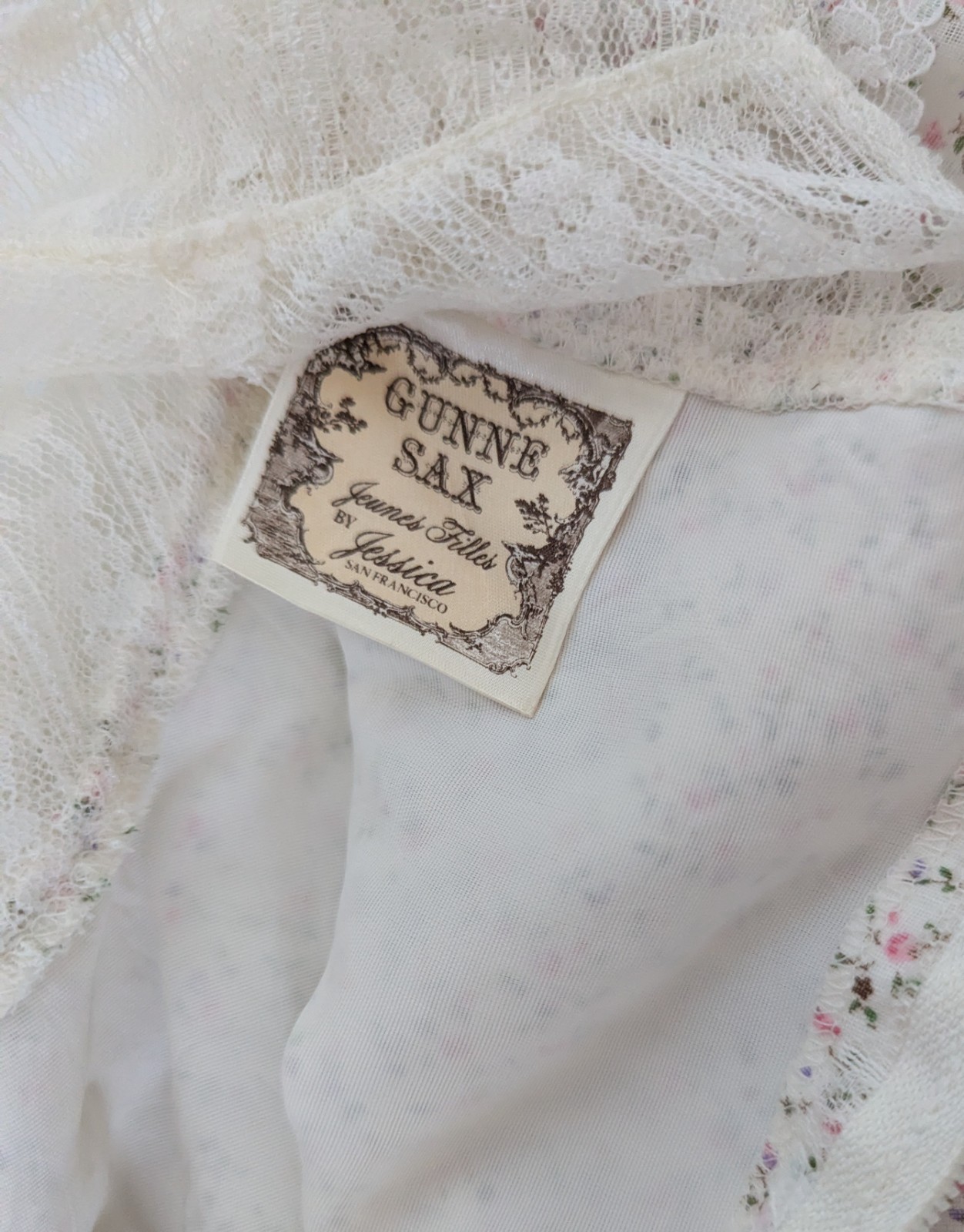 Gunne Sax by Jessica Vintage Victorian Prairie Maxi Dress Lace Ribbon Pearls